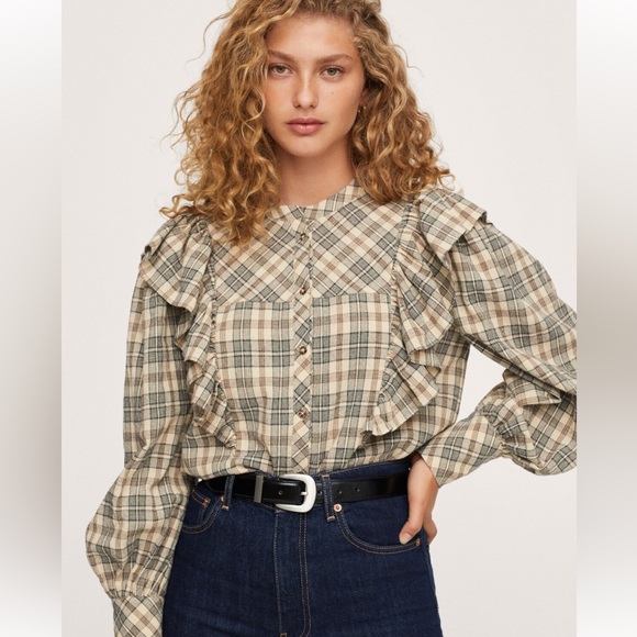 Mango Tops - Mango Plaid Ruffle Blouse - Cream and Gray